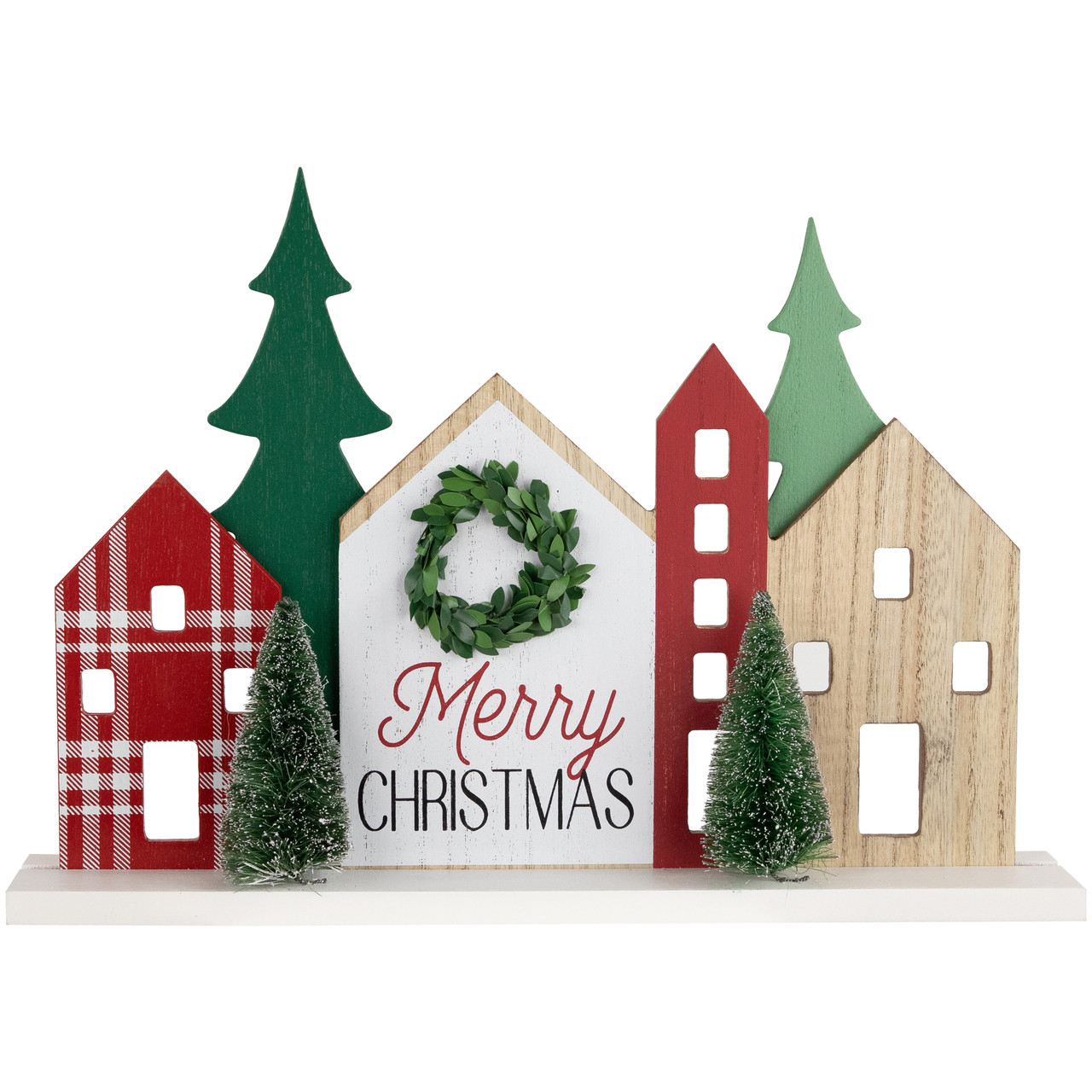 Wooden "Merry Christmas" Houses with Trees Decoration - 15" - Red and Green