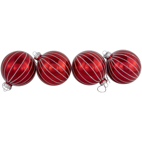 4ct Shiny Red and White Striped Glass Ball Christmas Ornaments 3" (80mm)