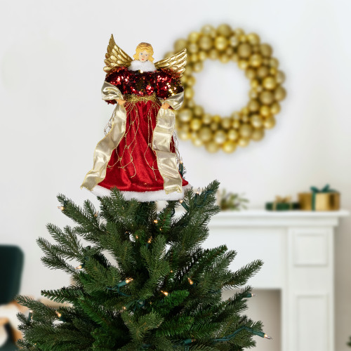 Metallic and Sequin Angel Christmas Tree Topper - 12" - Red and Gold - Unlit