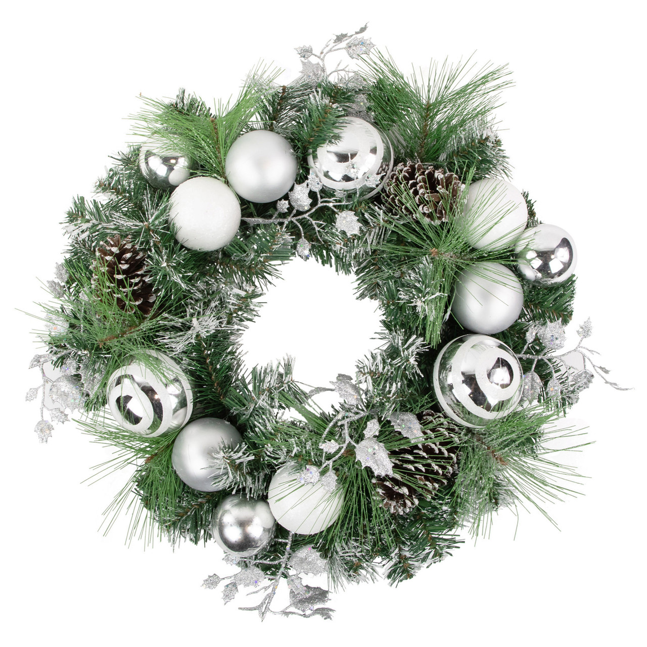 Green Pine Needle Wreath with Pinecones and Christmas Ornaments, 24-Inch, Unlit