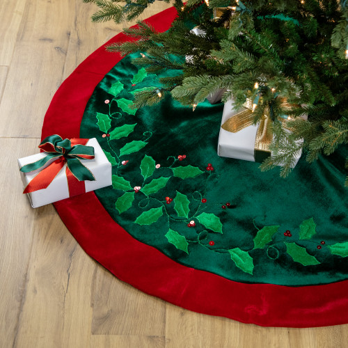 48" Dark Green Holly and Berry Velveteen Christmas Tree Skirt