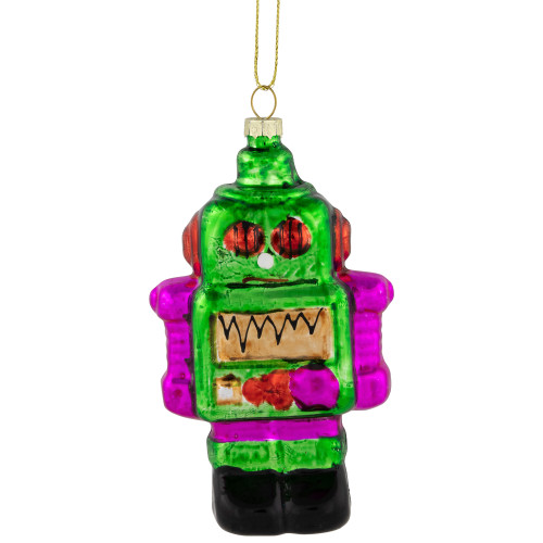 5" Green and Purple Robot Glass Christmas Ornament