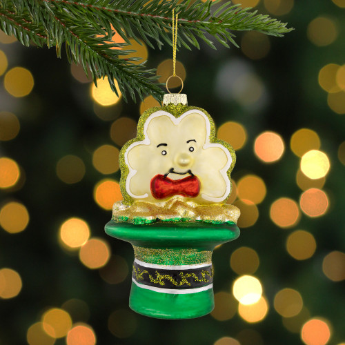 4.75" Shamrock and Leprechaun Hat Glass Christmas Ornament