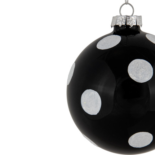 Set of 2 Black and White Glittered Polka Dot Glass Christmas Ball Ornaments 4"