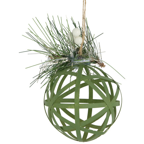 5" Green Rattan Style Christmas Ball Ornament with Pine Cone