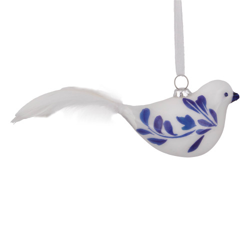6.5" White and Blue Bird Glass Christmas Ornament