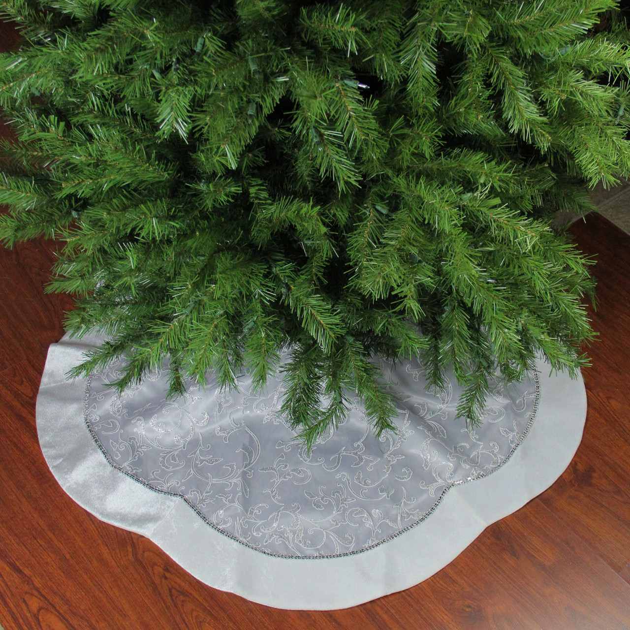 Floral Sequin Trimmed Christmas Tree Skirt - 48" - Silver and White