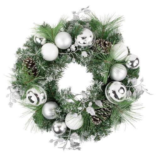 Green Pine Needle Wreath with Pinecones and Christmas Ornaments, 24-Inch, Unlit