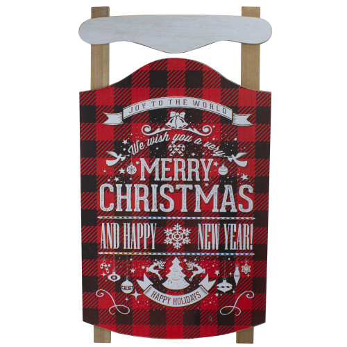 24�� Red and Black Buffalo Plaid Merry Christmas Sled Wooden Hanging Wall Sign