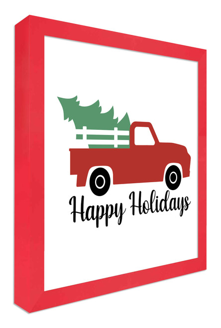 Happy Holidays Red Truck 15.5" x 15.5" Framed Christmas Wall Decor Art Print Sign Poster in a Red Wooden Frame with UV Acrylic and Hangers