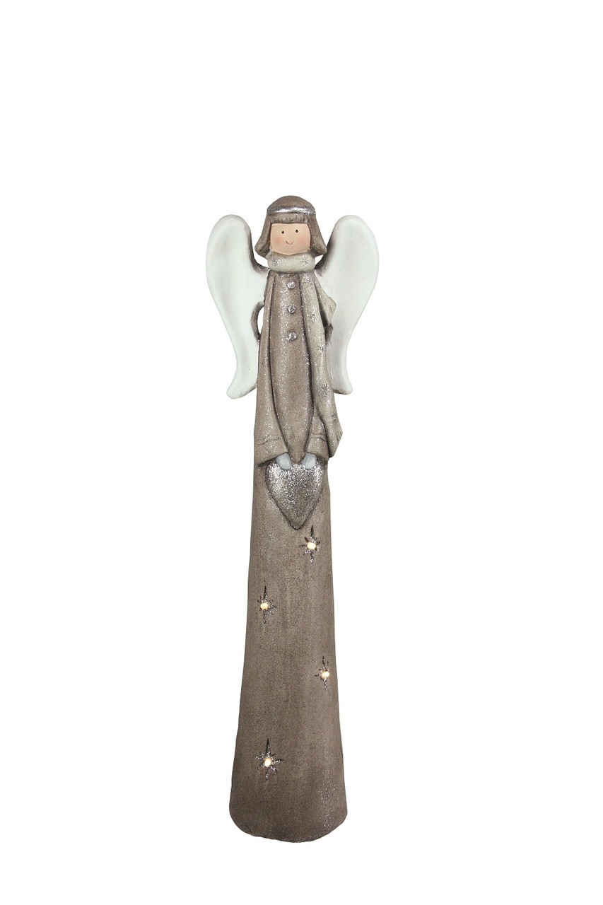 LED Lighted Tall Angel with Heart Christmas Figure - 24" - Brown and White