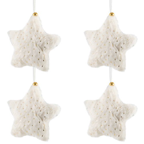 Faux Fur Star Plush Christmas Ornaments - 4.75" - Cream - Set of 4