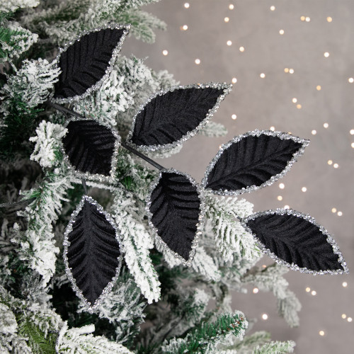 26" Black and Silver Sequin Leaves Christmas Spray