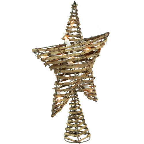 11" Lighted Rattan Twigs Star Christmas Tree Topper- Clear Lights, White Wire