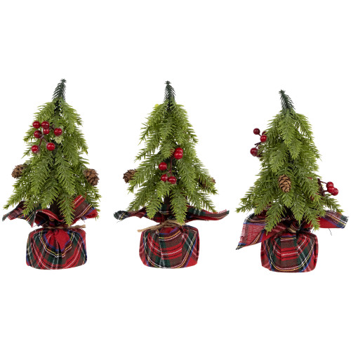 Mini Downswept Pine Artificial Christmas Trees with Pine Cones - 9" - Set of 3