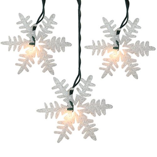 10-Count White Glittered Snowflake Christmas Light Set, 6ft Green Wire