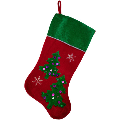 20" Red Velveteen Sequined Christmas Tree Stocking with Green Cuff