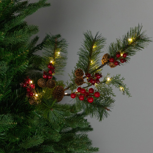 Lighted Pinecone, Berry and Pine Christmas Spray - 27" - Warm White