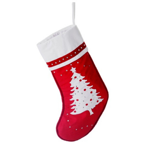 22" Red and White Embroidered Tree with Rhinestones Christmas Stocking