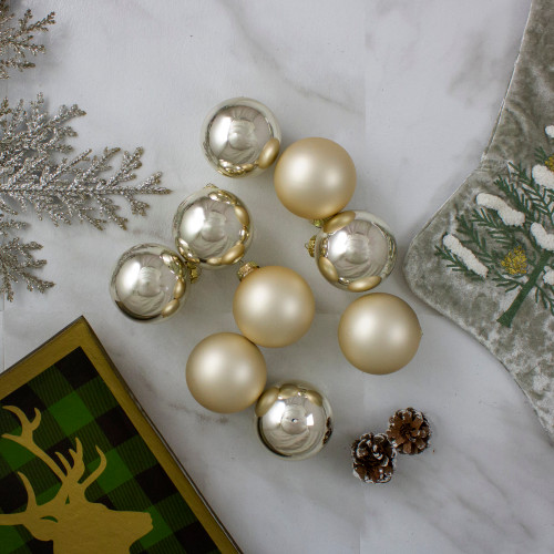 9ct Champagne Gold 2-Finish Glass Christmas Ball Ornaments 2.5" (65mm)