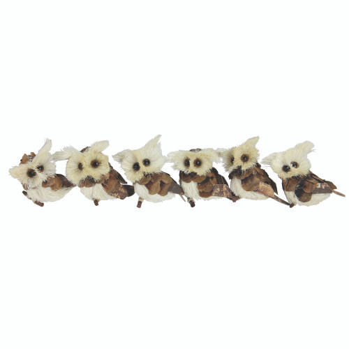 Set of 6 Brown and Ivory Sisal Owls Christmas Ornaments, 2.25"