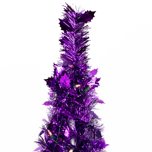 6' Pre-Lit Purple Tinsel Pop-Up Artificial Christmas Tree, Clear Lights