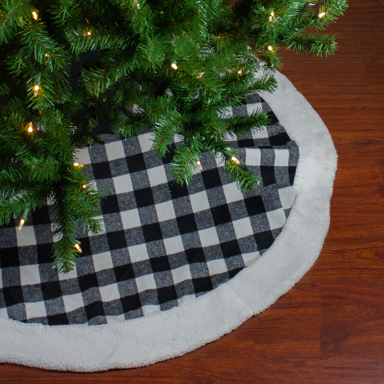 48" Black and White Buffalo Plaid Christmas Tree Skirt with High Pile Fleece Trim