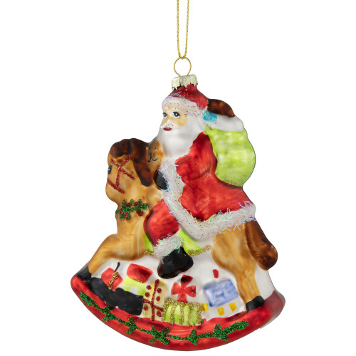 4.75" Santa on a Rocking Horse Glittered Glass Christmas Ornament