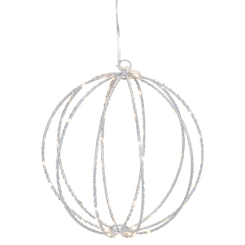 LED Lighted Hanging Ball Christmas Decoration - 8" - Silver - Warm White Lights