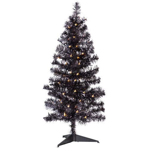 Pre-Lit Artificial Tinsel Halloween Tree - 3' - Black - Clear Lights