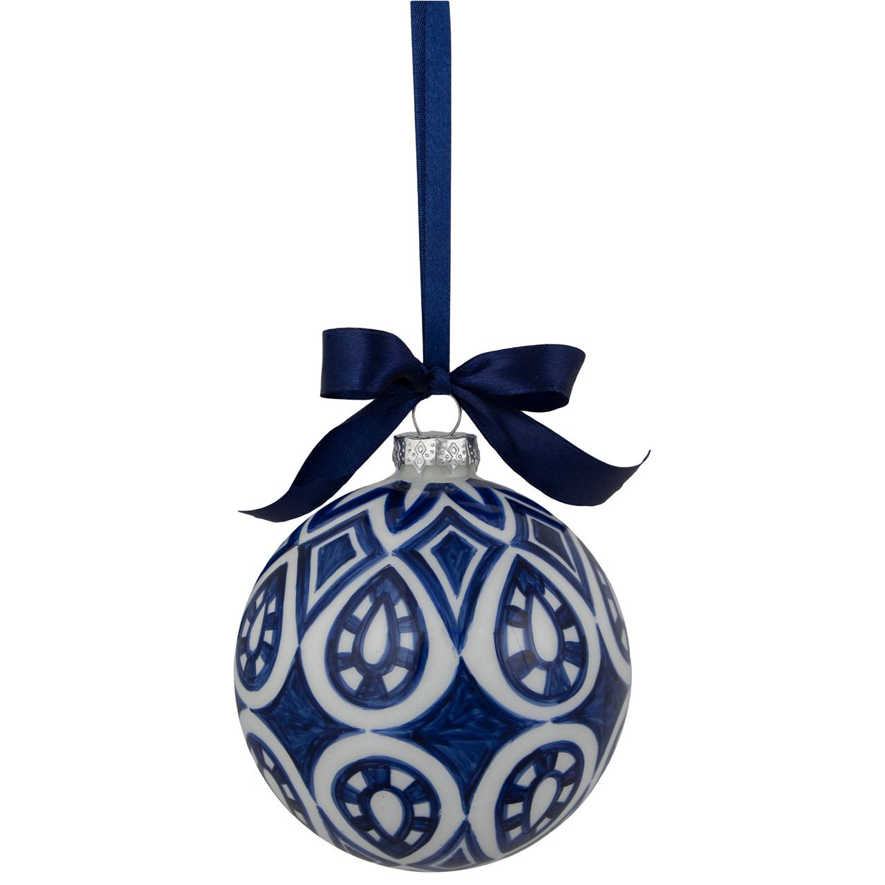 4" White and Blue Mosaic Glass Christmas Ball Ornament