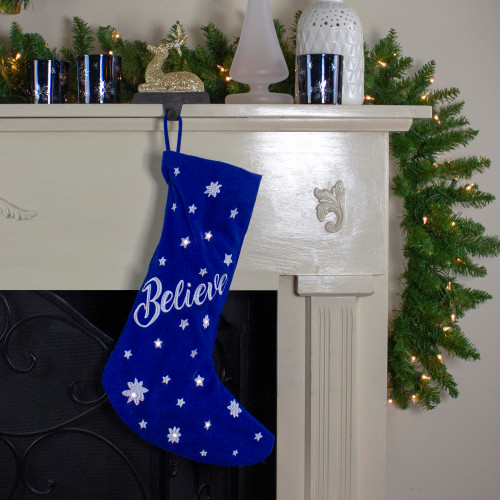 18" LED Blue Stocking "Believe" with White Snowflakes
