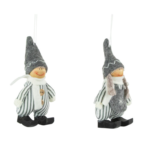 Set of 2 Gray and White Striped Plush Twin Gnomes Christmas Ornaments 5.5"