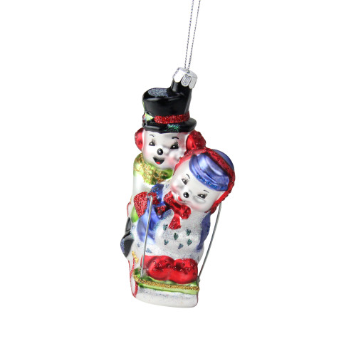 4.5" White and Red Cheerful Sledding Snowmen Couple Glass Christmas Ornament