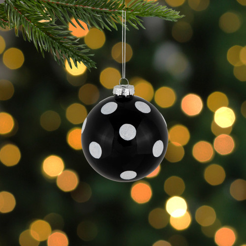 Set of 2 Black and White Glittered Polka Dot Glass Christmas Ball Ornaments 4"