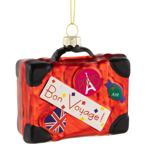 3.25" Shiny Red Bon Voyage Travel Suitcase Glass Christmas Hanging Ornament