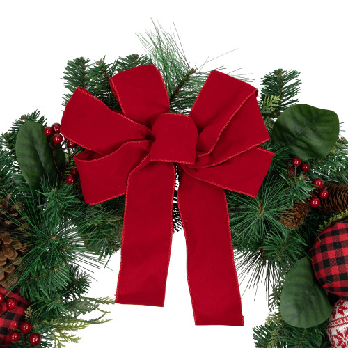 Red Bow and Mixed Foliage Artificial Christmas Wreath with Ornaments, 30-Inch