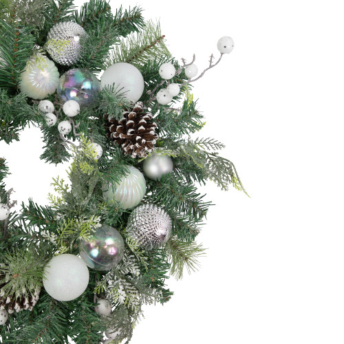 Green Pine Artificial Christmas Wreath with Berries and Iridescent Ornaments, 24-Inch