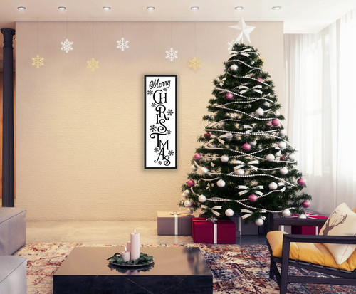 Merry Christmas Snowflakes 13.5" x 37.5" Framed Christmas Wall Decor Art Print Sign Poster in a Black Wooden Frame with UV Acrylic and Hangers