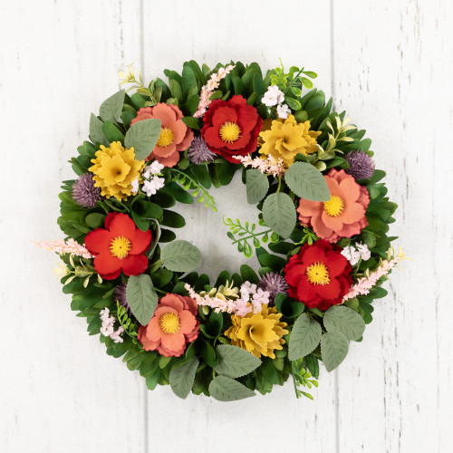 Wooden Mixed Floral and Foliage Artificial Spring Wreath - 13.75"