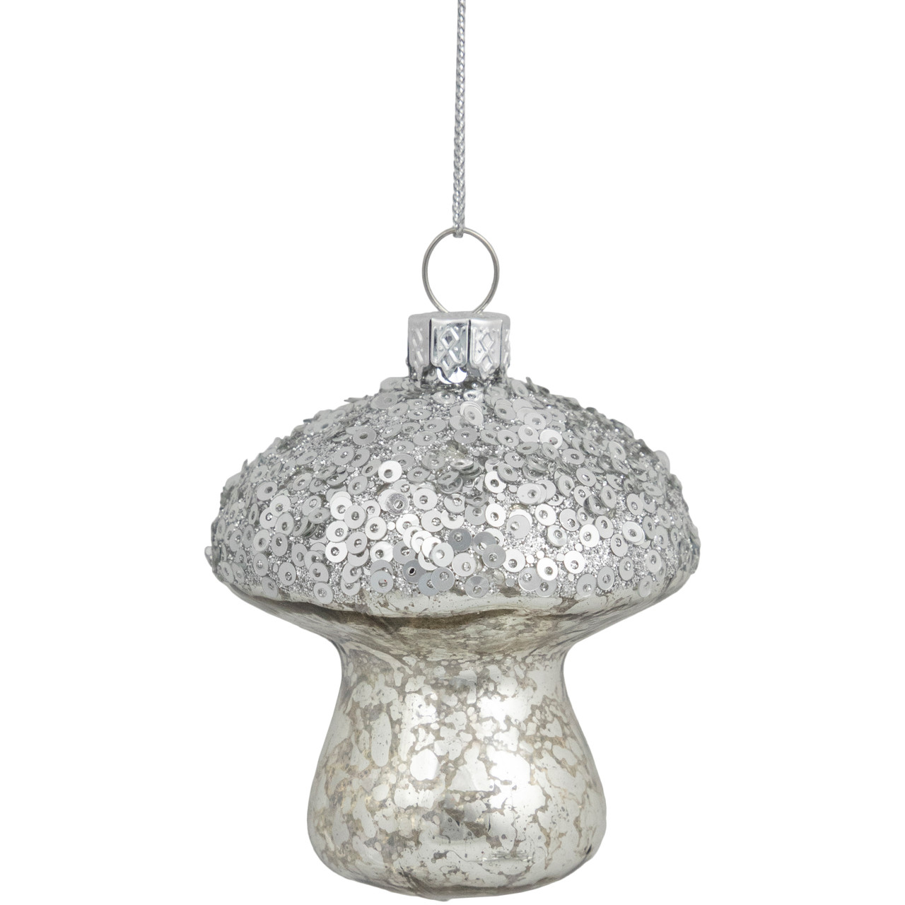 Sequined Mercury Glass Mushroom Christmas Ornament - 3.5" - Silver Finish