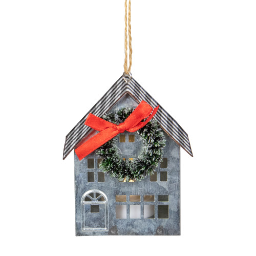3.5" LED Lighted Galvanized House with Wreath Christmas Ornament