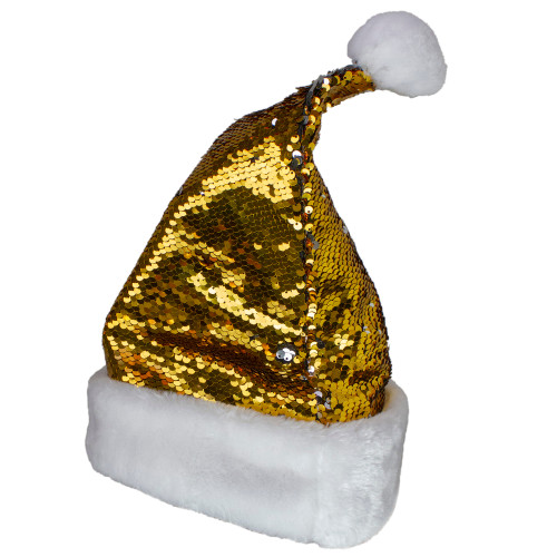 15" Gold and Silver Reversible Sequined Christmas Santa Hat with Faux Fur Cuff