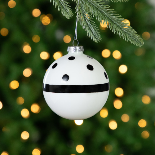 Set of 2 White and Black Striped Glass Christmas Ball Ornaments 4"