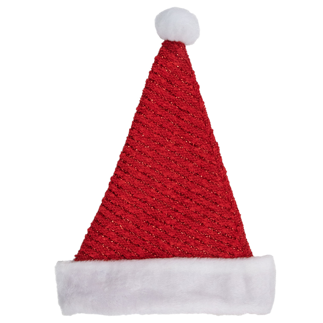 17" Red and White Striped Santa Hat With Pom Pom and Cuffed Faux Fur