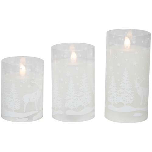 LED Flameless Flickering Snowy Woodland Glass Christmas Pillar Candles - 6" - Set of 3