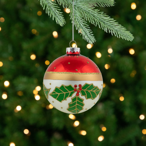 Set of 2 Holly and Berries Glittered Christmas Glass Ball Ornaments 4"
