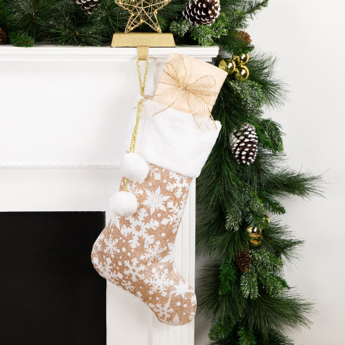 20.5" Glittered Gold Christmas Stocking with Snowflakes and Pom Poms