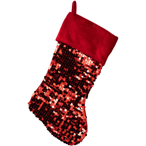 19" Shiny Metallic Red Sequined Christmas Stocking with Velveteen Cuff