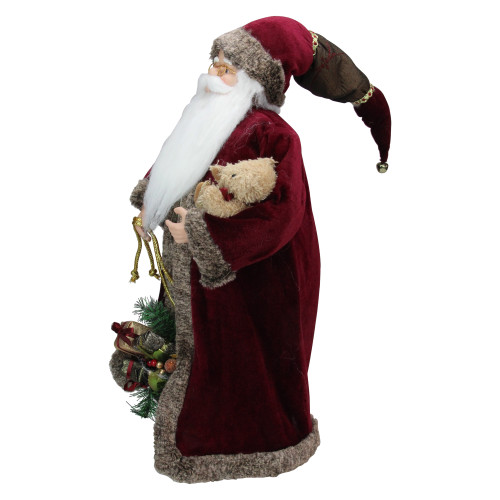 24" Burgundy Santa Claus with Teddy Bear Christmas Figure